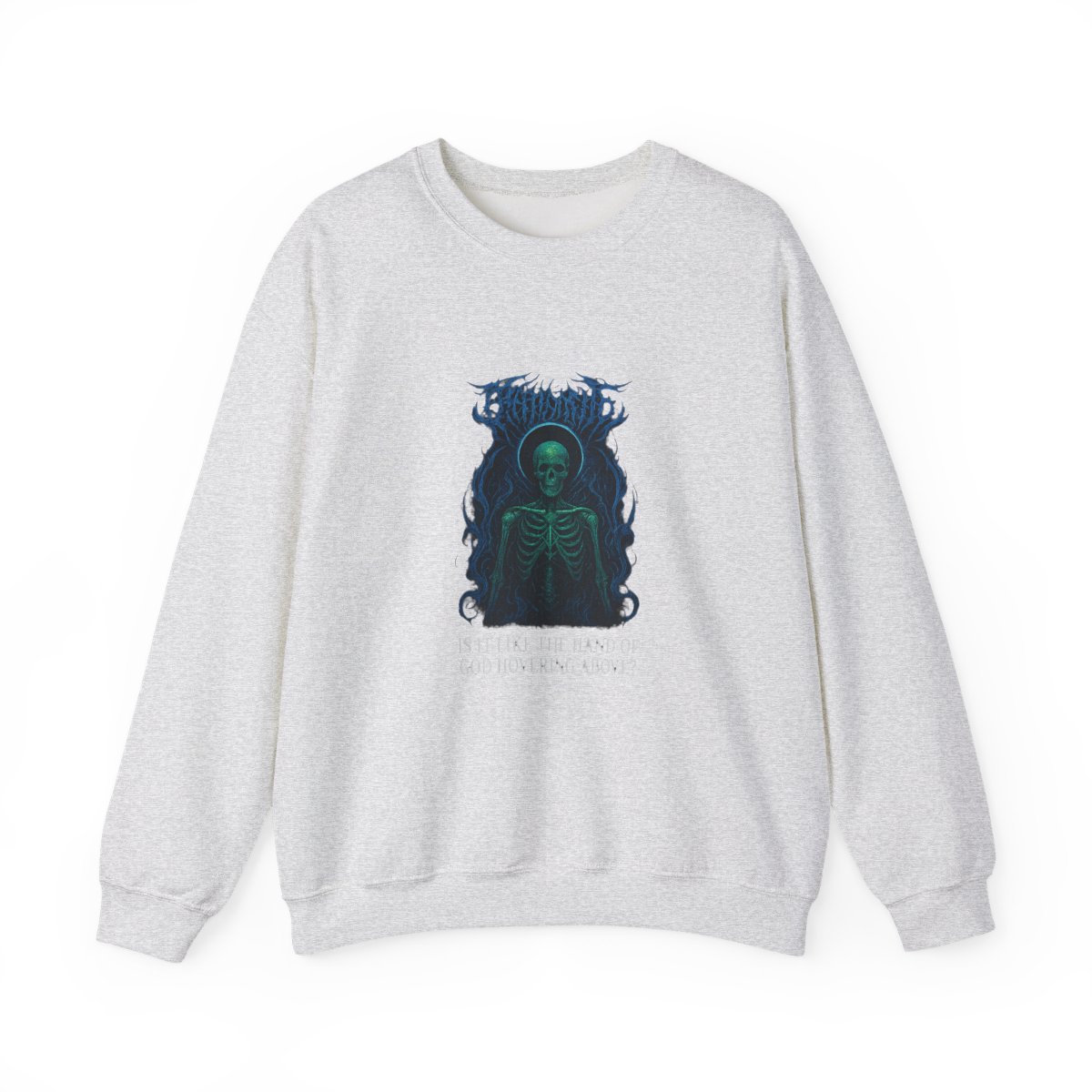 Black t-shirt featuring a detailed graphic of a skeletal figure with a green and blue design. The design includes the text "IS IT LIKE THE HAND OF GOD HOVERING ABOVE?" in white. The shirt has a crew... - Official Sweatshirts merchandise