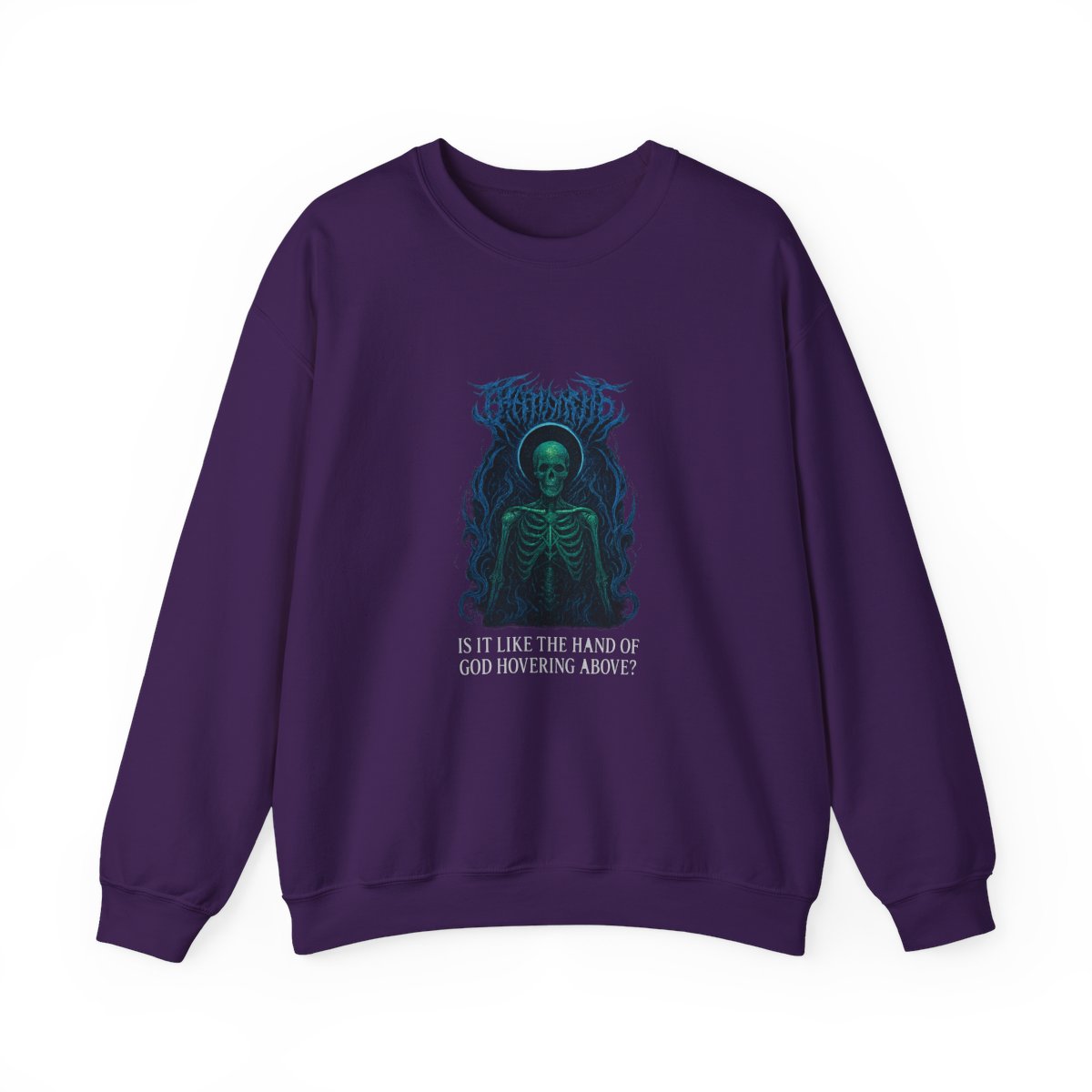 Black t-shirt featuring a detailed graphic of a skeletal figure with a green and blue design. The design includes the text "IS IT LIKE THE HAND OF GOD HOVERING ABOVE?" in white. The shirt has a crew... - alternate angle 3, merchandise