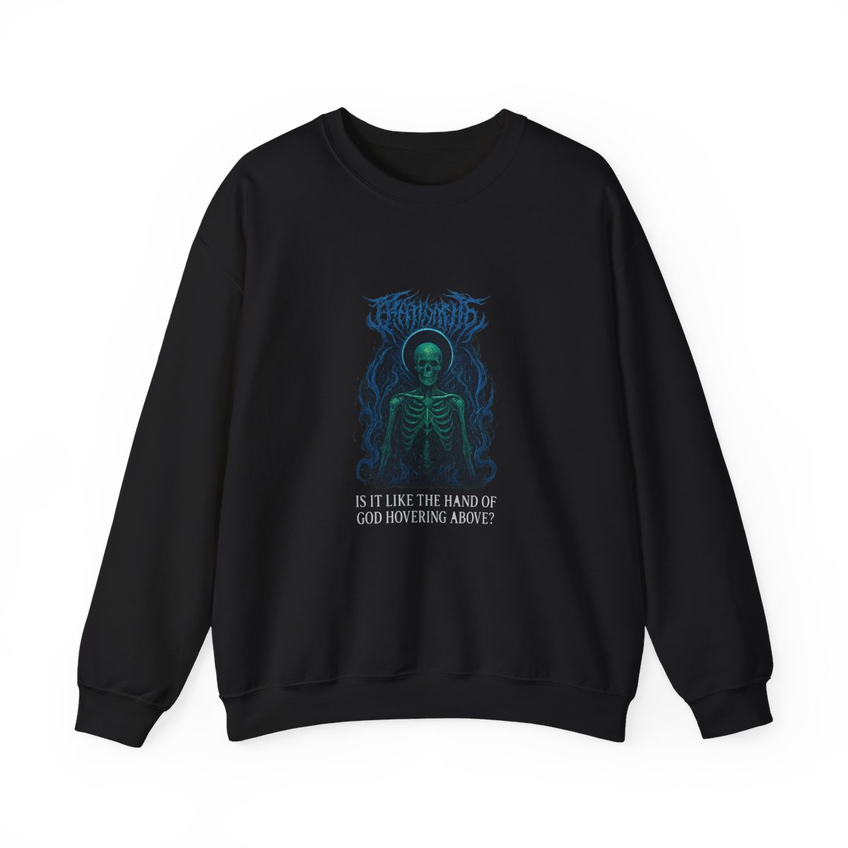 Black t-shirt featuring a detailed graphic of a skeletal figure with a green and blue design. The design includes the text "IS IT LIKE THE HAND OF GOD HOVERING ABOVE?" in white. The shirt has a crew...