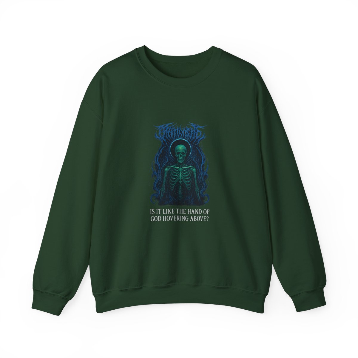 Black t-shirt featuring a detailed graphic of a skeletal figure with a green and blue design. The design includes the text "IS IT LIKE THE HAND OF GOD HOVERING ABOVE?" in white. The shirt has a crew... - alternate angle 2, merchandise