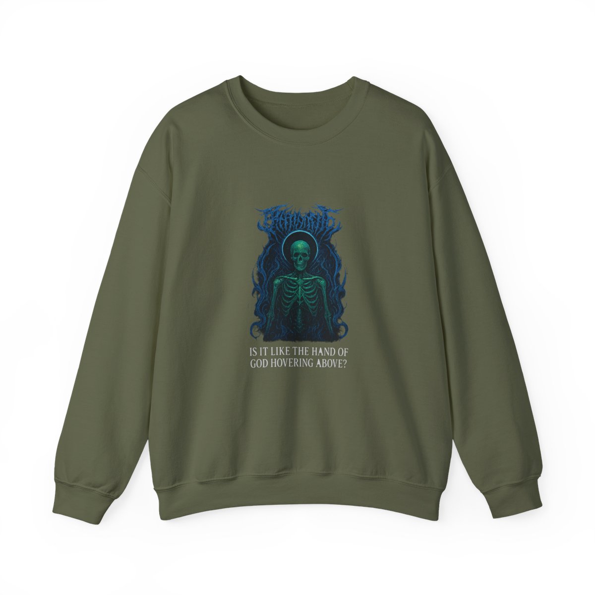 Black t-shirt featuring a detailed graphic of a skeletal figure with a green and blue design. The design includes the text "IS IT LIKE THE HAND OF GOD HOVERING ABOVE?" in white. The shirt has a crew... - alternate angle 5, merchandise