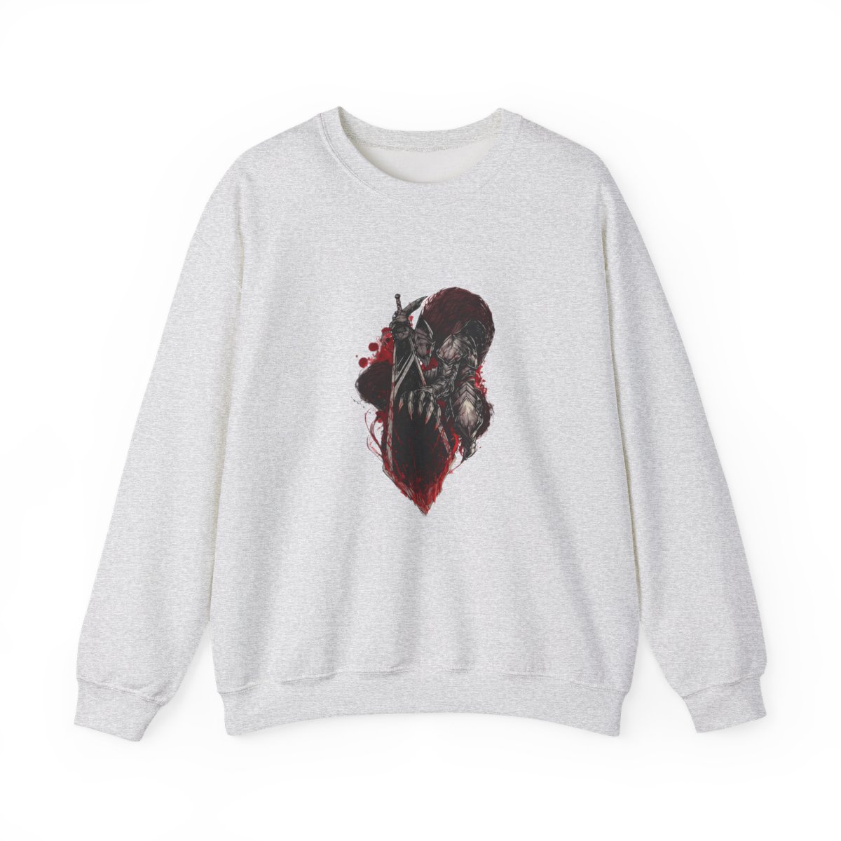Two black t-shirts with a distressed wash. One shirt features a red symbol on the front. The other shirt displays a detailed graphic of a warrior with a large sword and red accents on the back. The... - alternate angle 4, merchandise