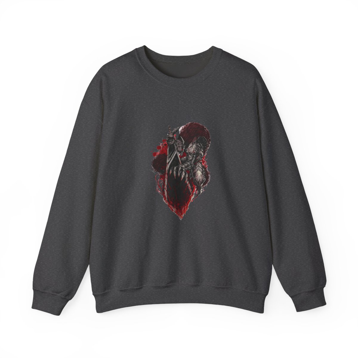 Two black t-shirts with a distressed wash. One shirt features a red symbol on the front. The other shirt displays a detailed graphic of a warrior with a large sword and red accents on the back. The... - alternate angle 2, merchandise