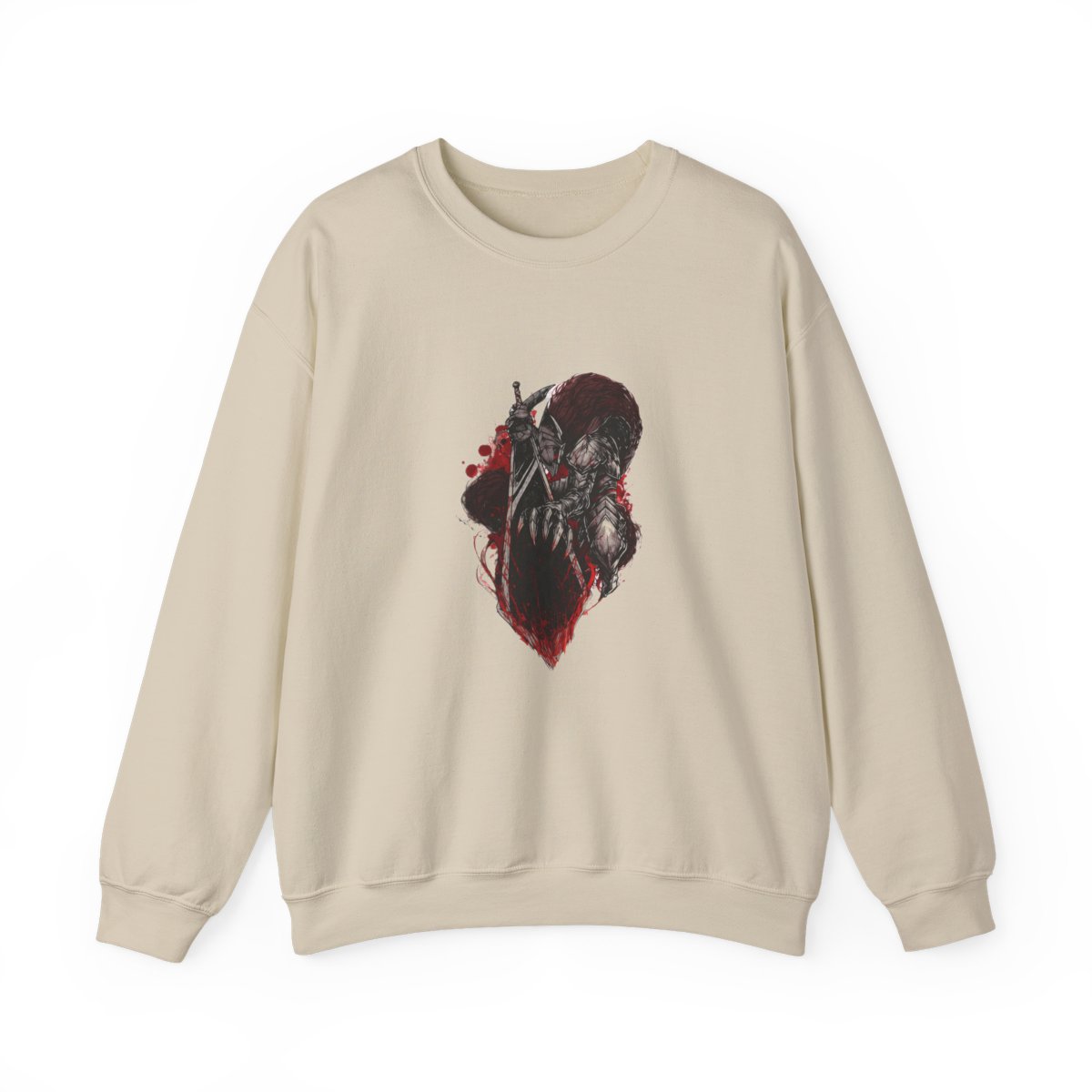 Two black t-shirts with a distressed wash. One shirt features a red symbol on the front. The other shirt displays a detailed graphic of a warrior with a large sword and red accents on the back. The... - alternate angle 4, merchandise