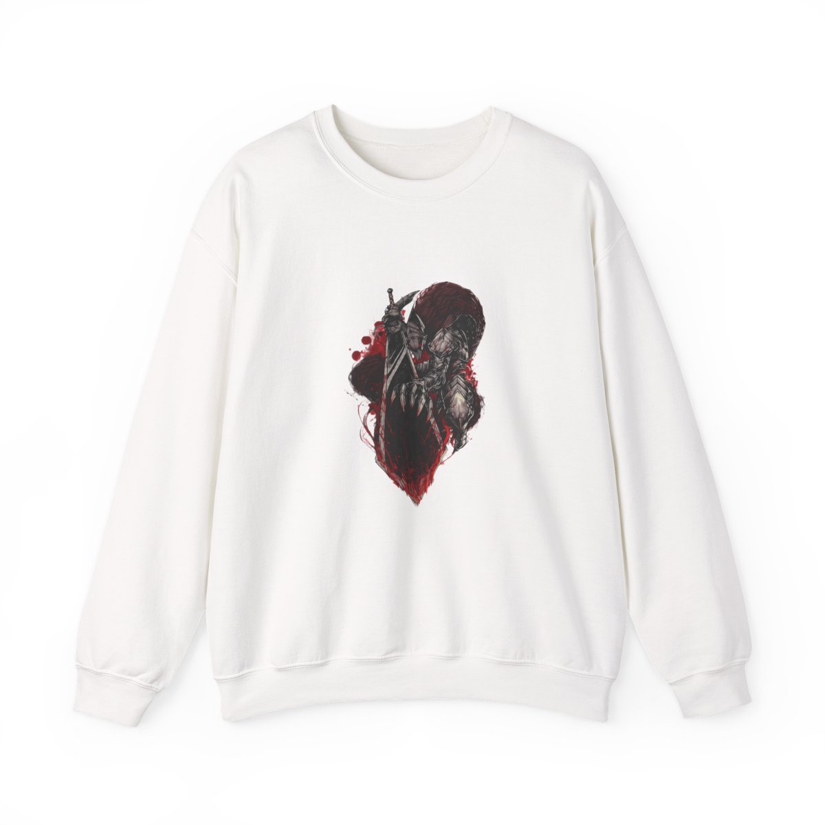 Two black t-shirts with a distressed wash. One shirt features a red symbol on the front. The other shirt displays a detailed graphic of a warrior with a large sword and red accents on the back. The...