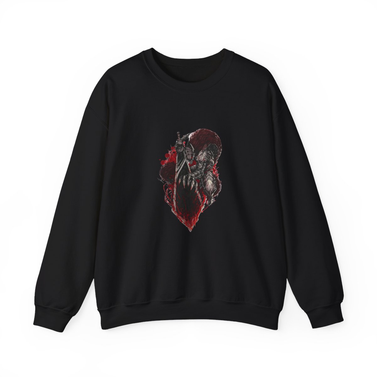 Two black t-shirts with a distressed wash. One shirt features a red symbol on the front. The other shirt displays a detailed graphic of a warrior with a large sword and red accents on the back. The...