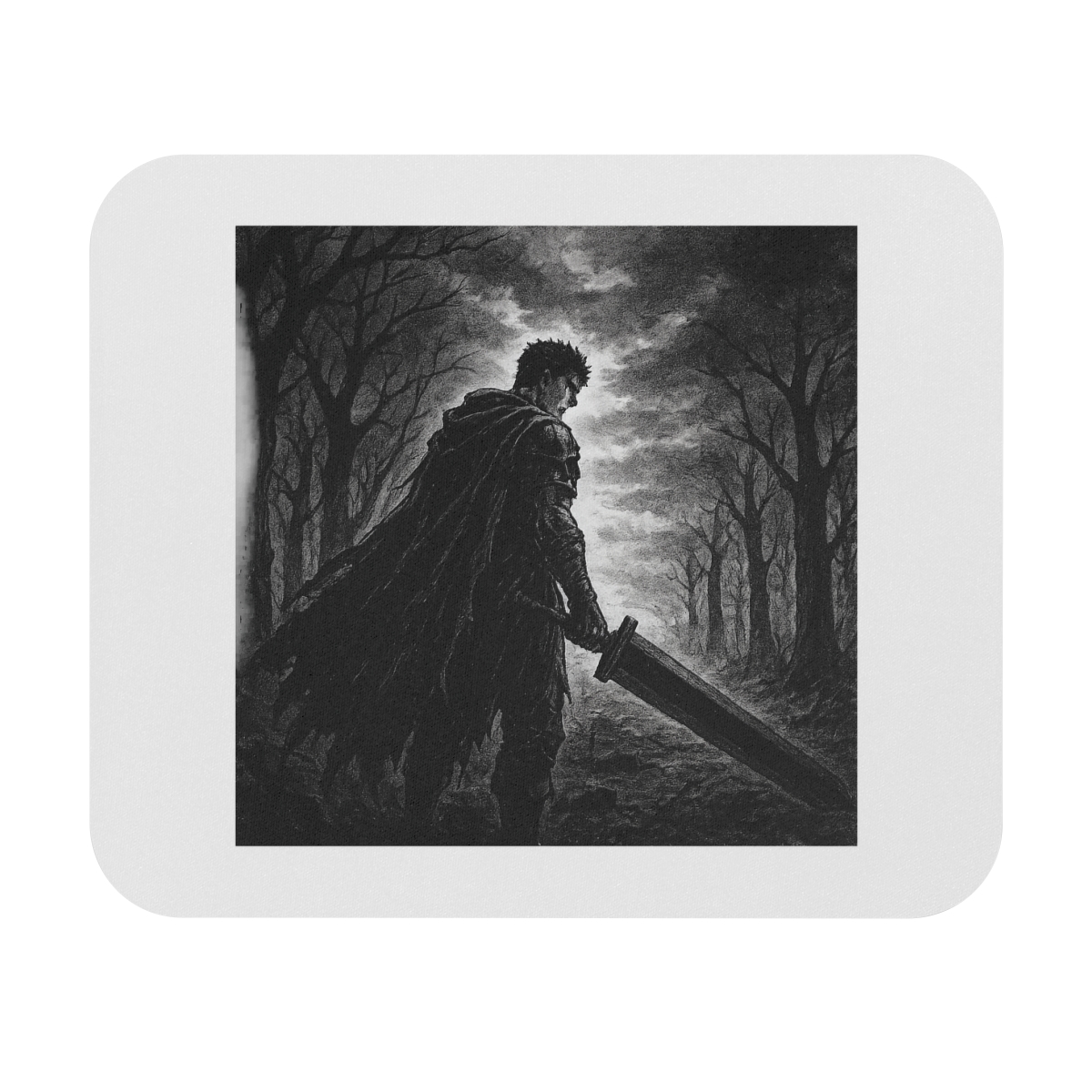 A black and white mousepad featuring a character from the anime series Berserk. The character is standing in a dark forest with a sword in hand. The background is a light gray with a cloudy sky
