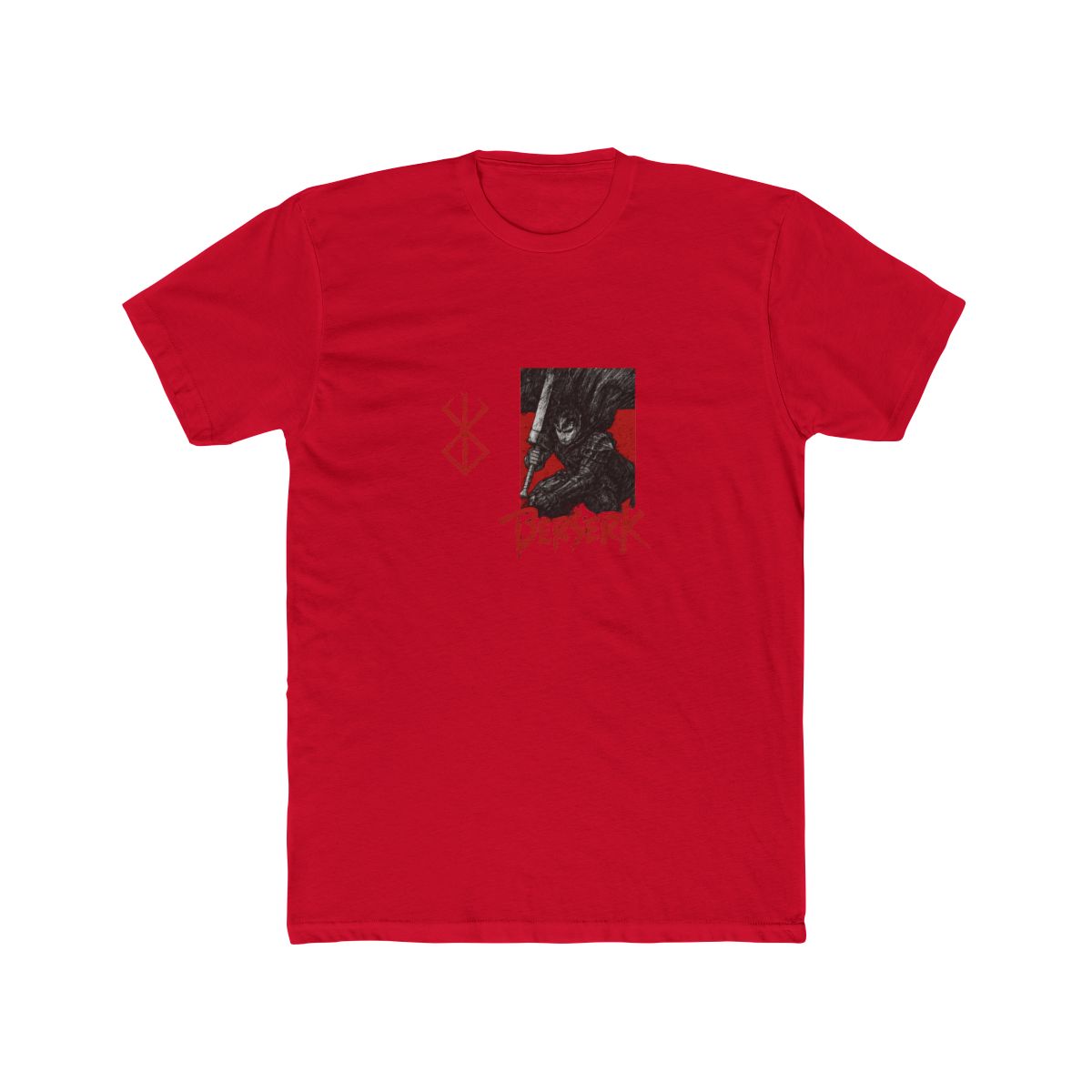 Black acid wash T Shirt with red graphics. The front has a red symbol, and the back features a warrior illustration with the word "BERSERK" in red, set against a red background