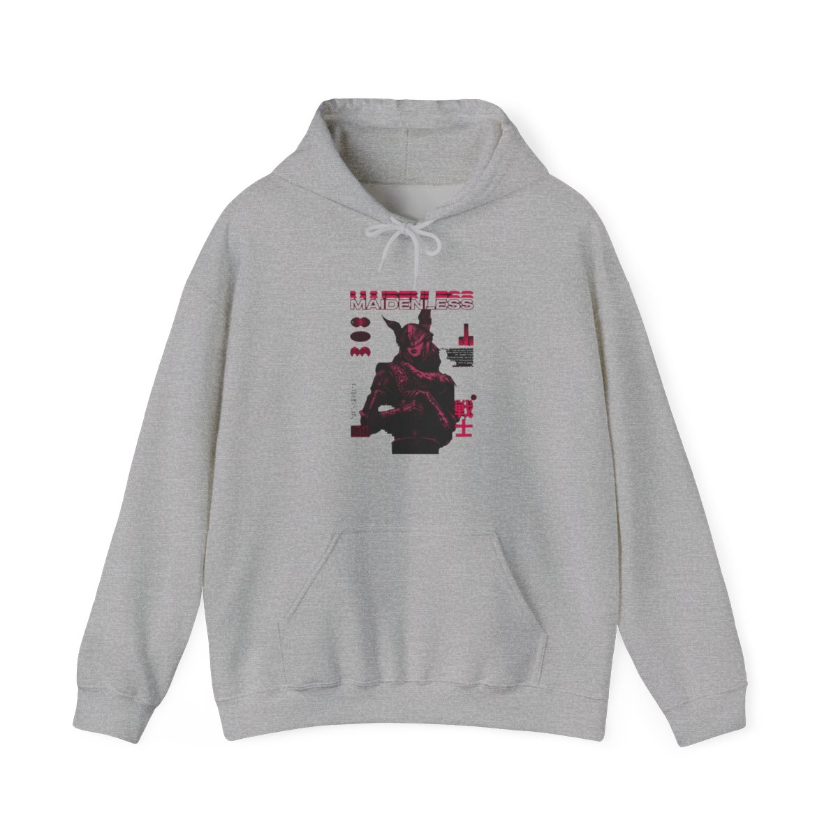 Black hoodie with a pink graphic design. The design includes the word "MAIDENLESS" above an illustration of a warrior. Additional text includes "TARNISHED" and Japanese characters. The hoodie has a...