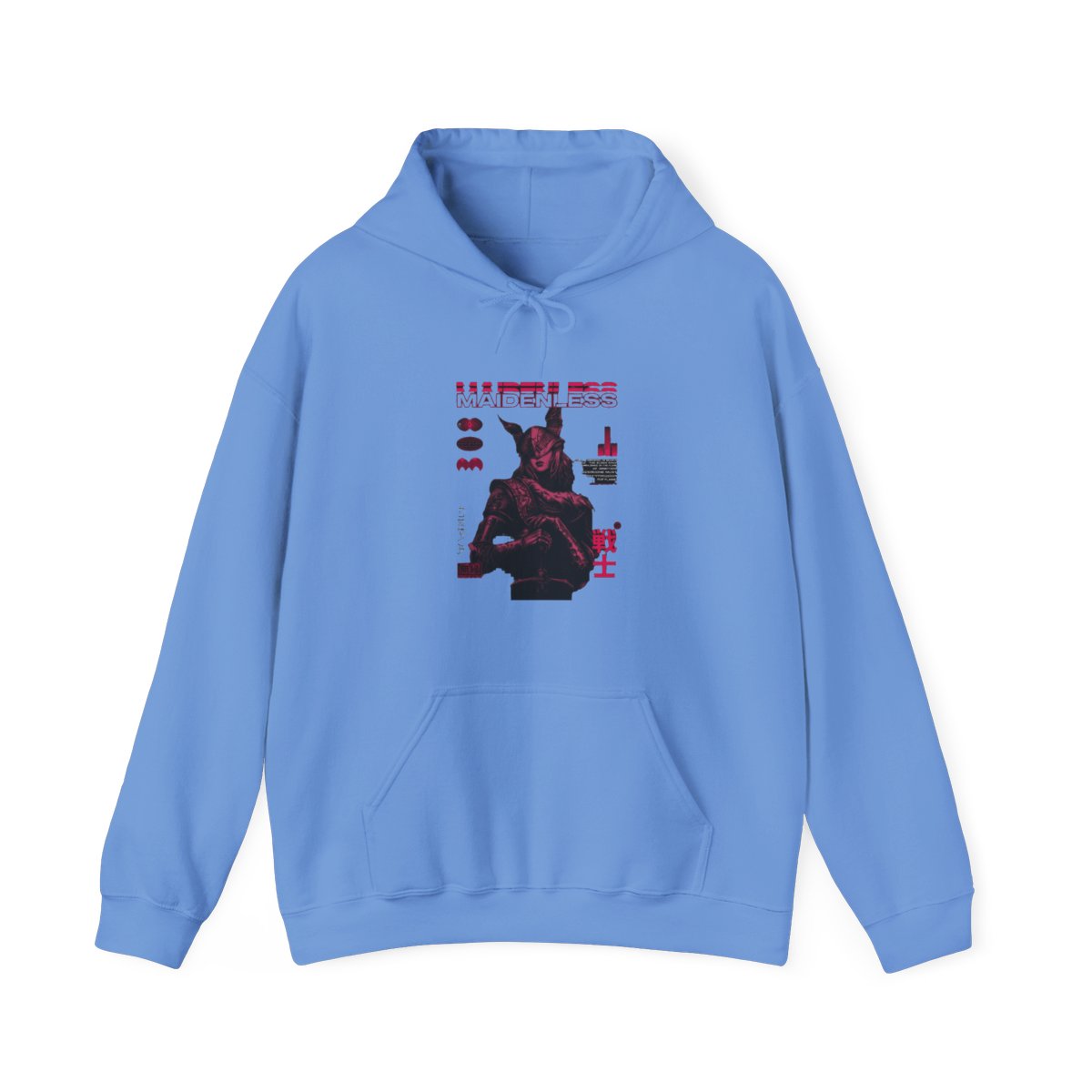 Black hoodie with a pink graphic design. The design includes the word "MAIDENLESS" above an illustration of a warrior. Additional text includes "TARNISHED" and Japanese characters. The hoodie has a... - alternate angle 2, merchandise