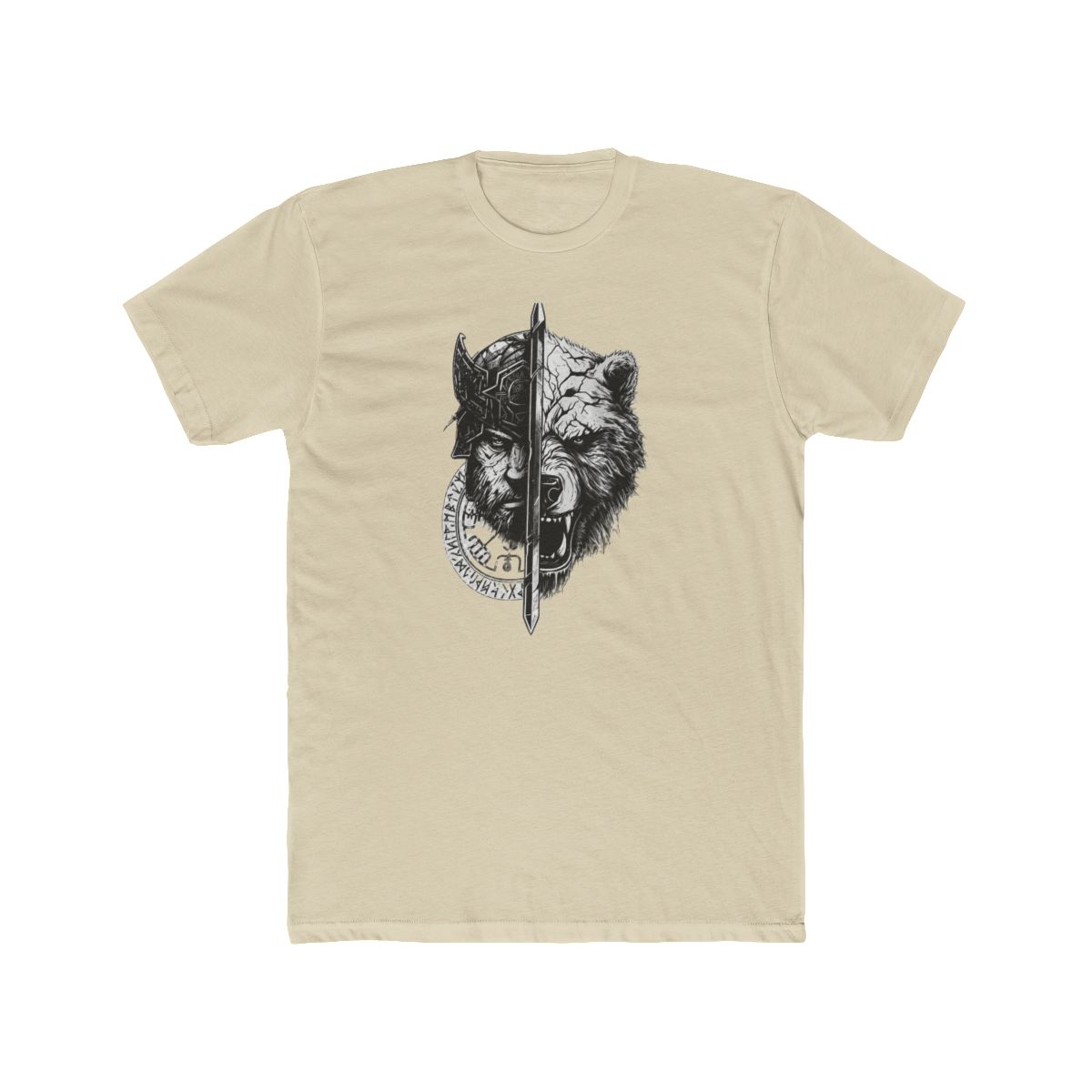 Black T Shirt featuring a graphic of a warrior and a bear's head split by a sword. The graphic is in white and grey with runes around the warrior's head