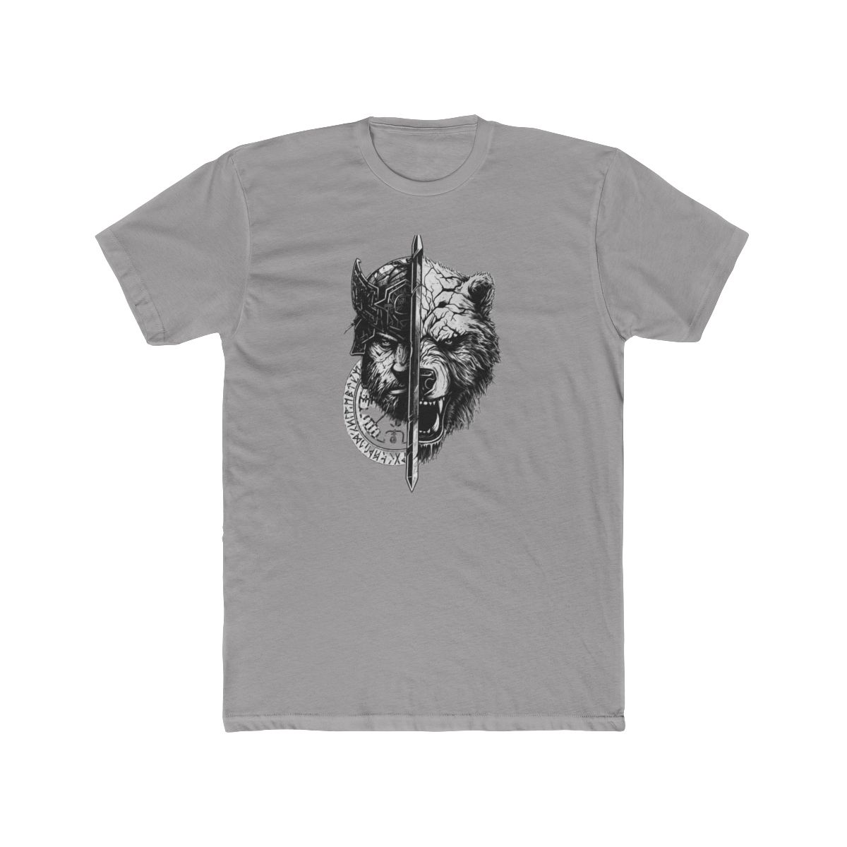 Black T Shirt featuring a graphic of a warrior and a bear's head split by a sword. The graphic is in white and grey with runes around the warrior's head - alternate angle 5, merchandise