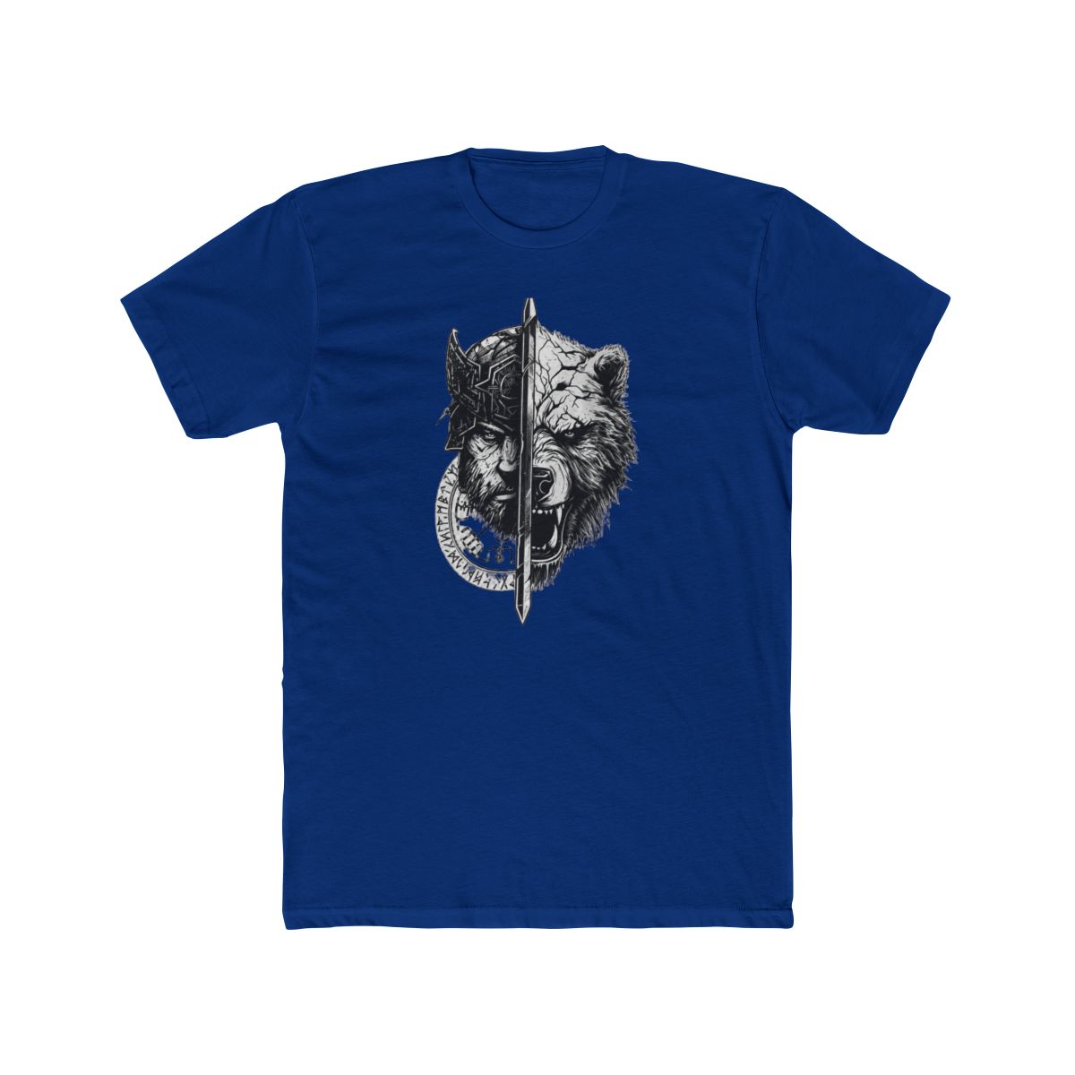 Black T Shirt featuring a graphic of a warrior and a bear's head split by a sword. The graphic is in white and grey with runes around the warrior's head - alternate angle 2, merchandise