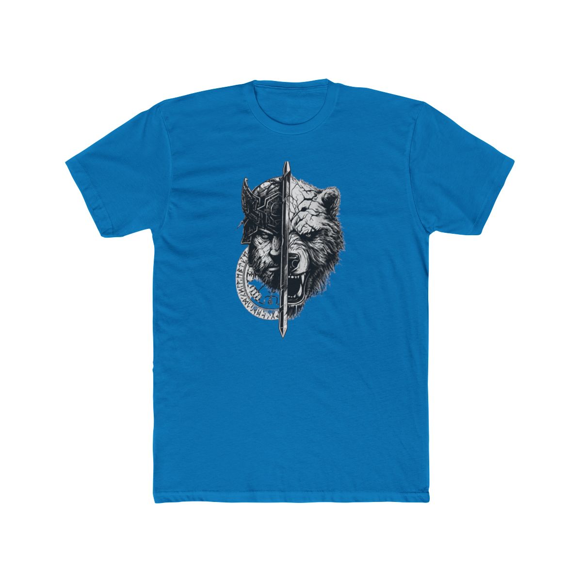 Black T Shirt featuring a graphic of a warrior and a bear's head split by a sword. The graphic is in white and grey with runes around the warrior's head - alternate angle 4, merchandise
