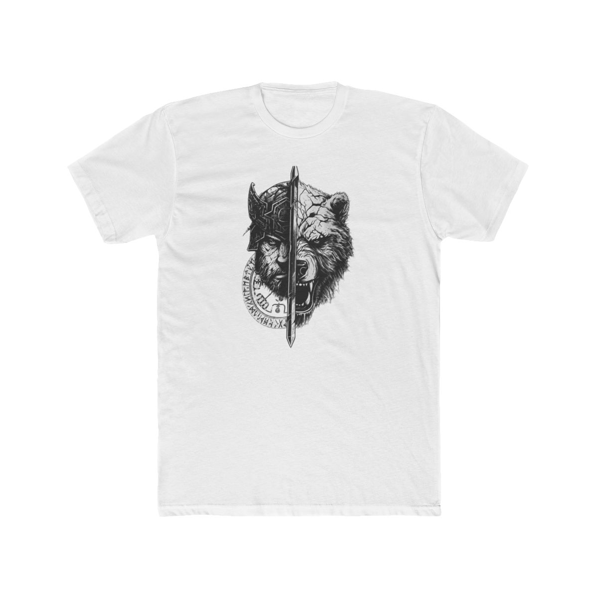 Black T Shirt featuring a graphic of a warrior and a bear's head split by a sword. The graphic is in white and grey with runes around the warrior's head - alternate angle 3, merchandise