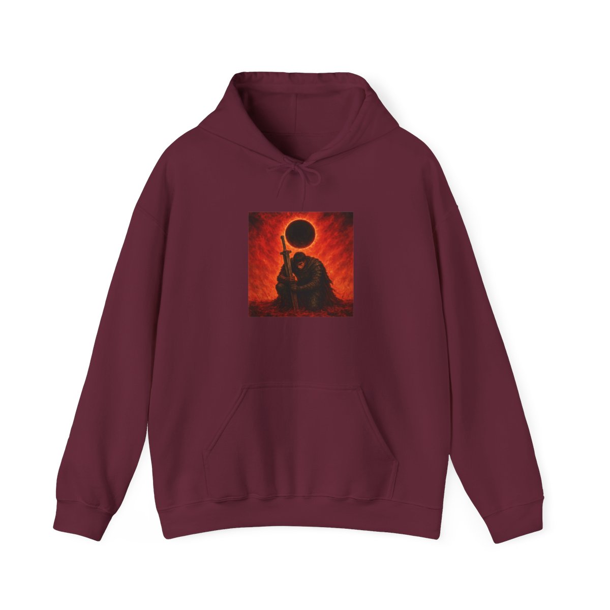 Black hoodie with a graphic print on the back. The print shows a warrior kneeling with a large sword, set against a fiery red and orange backdrop with a dark eclipse. The hoodie is a plain black... - alternate angle 4, merchandise