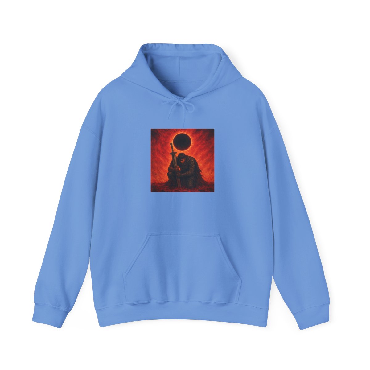 Black hoodie with a graphic print on the back. The print shows a warrior kneeling with a large sword, set against a fiery red and orange backdrop with a dark eclipse. The hoodie is a plain black... - alternate angle 2, merchandise