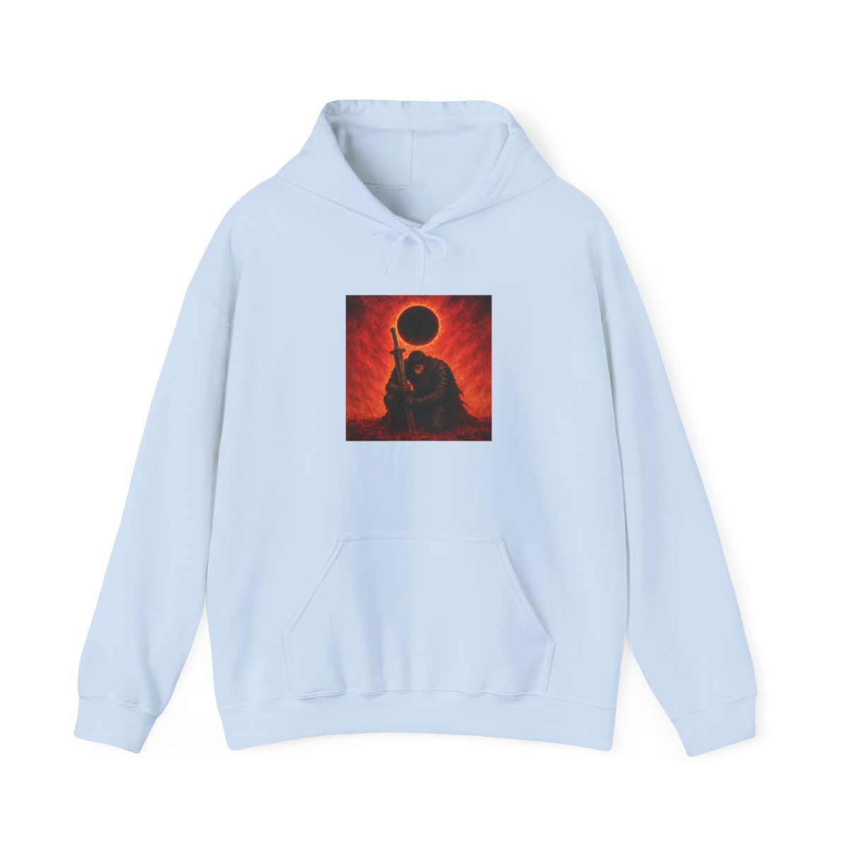 Black hoodie with a graphic print on the back. The print shows a warrior kneeling with a large sword, set against a fiery red and orange backdrop with a dark eclipse. The hoodie is a plain black... - alternate angle 5, merchandise