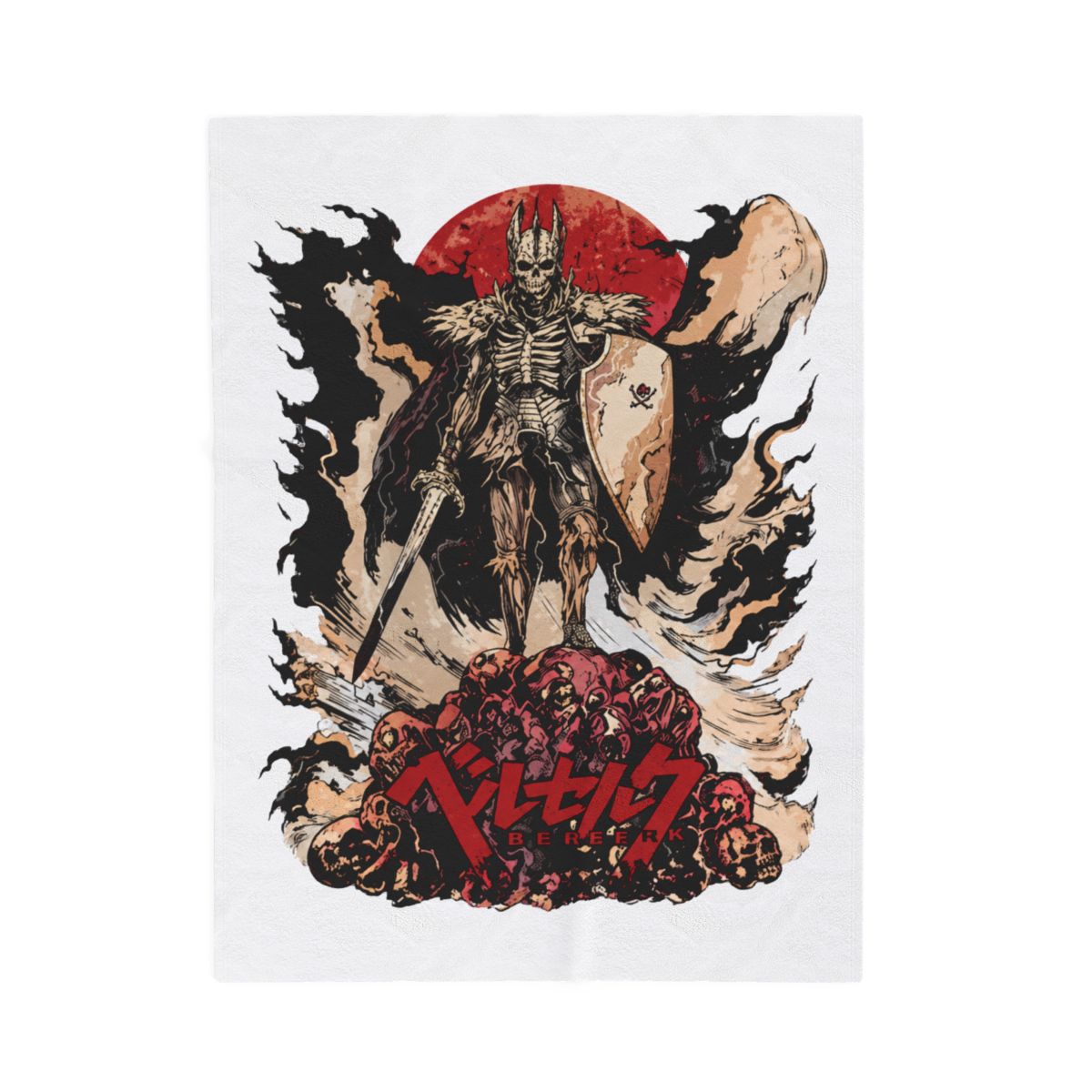 Woven throw blanket with a detailed illustration of a skeletal warrior holding a sword and shield. The design includes red and black Japanese text. The blanket has fringed edges and is displayed...