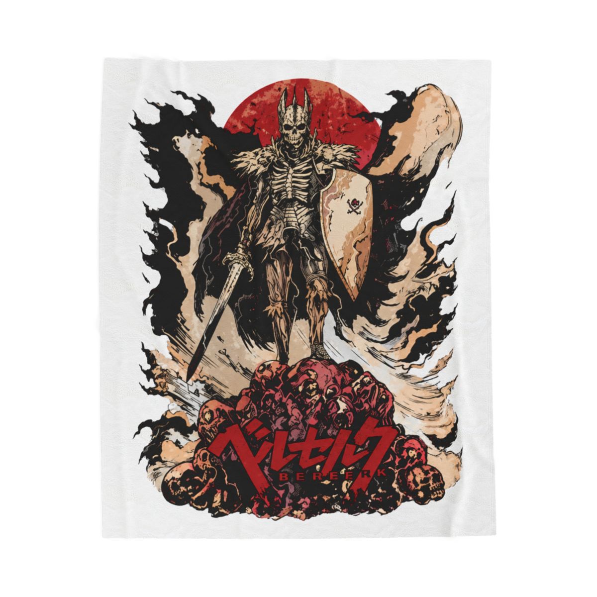 Woven throw blanket with a detailed illustration of a skeletal warrior holding a sword and shield. The design includes red and black Japanese text. The blanket has fringed edges and is displayed... - alternate angle 2, merchandise