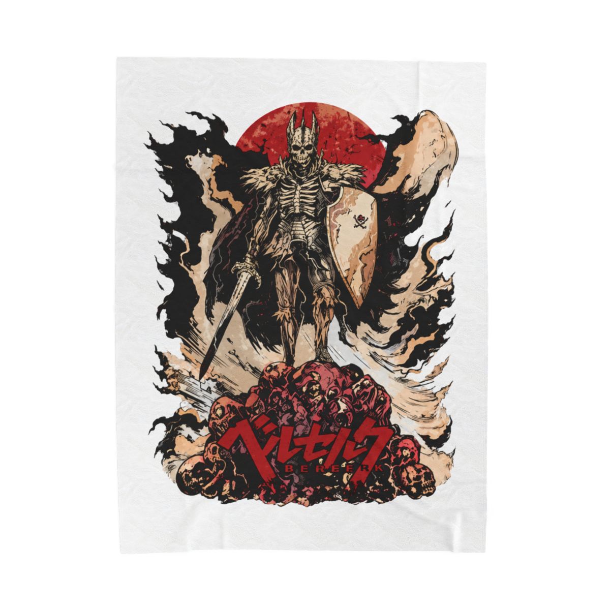 Woven throw blanket with a detailed illustration of a skeletal warrior holding a sword and shield. The design includes red and black Japanese text. The blanket has fringed edges and is displayed... - alternate angle 3, merchandise