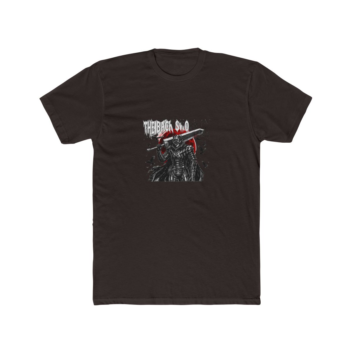 Black T Shirt with a graphic of an armored warrior wielding a large sword, set against a red circle. The text "THE BACK-SWORSMAN" is above the warrior. The shirt also has the text "DEATH ANGEL MERCH...