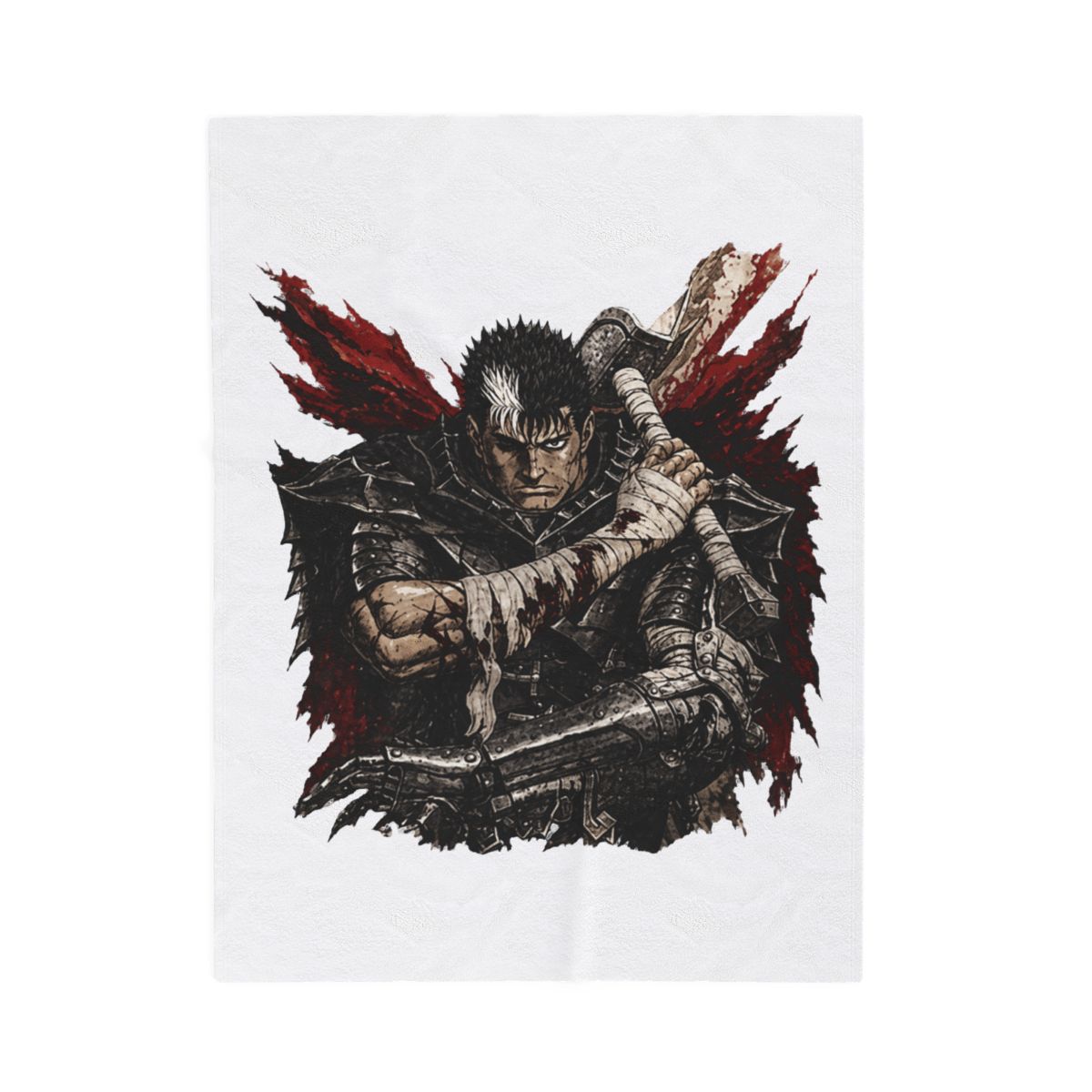 Woven throw blanket with a detailed illustration of a warrior holding a large sword. The artwork is in black, grey, red, and brown, with a fringed edge. The warrior has white hair and is wearing...