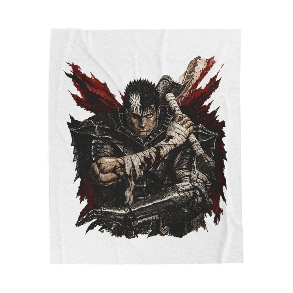 Woven throw blanket with a detailed illustration of a warrior holding a large sword. The artwork is in black, grey, red, and brown, with a fringed edge. The warrior has white hair and is wearing... - alternate angle 2, merchandise
