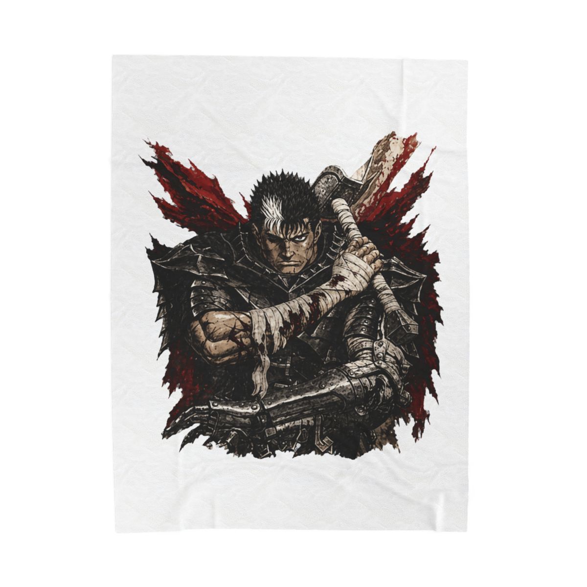 Woven throw blanket with a detailed illustration of a warrior holding a large sword. The artwork is in black, grey, red, and brown, with a fringed edge. The warrior has white hair and is wearing...