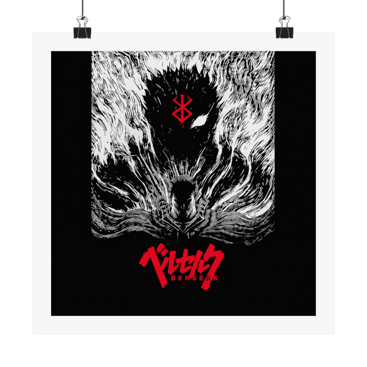 Black and white poster featuring a black and white illustration of a character from the anime Berserk. The character is surrounded by a swirling black and white pattern. The title "Berserk" is written... - alternate angle 2, merchandise