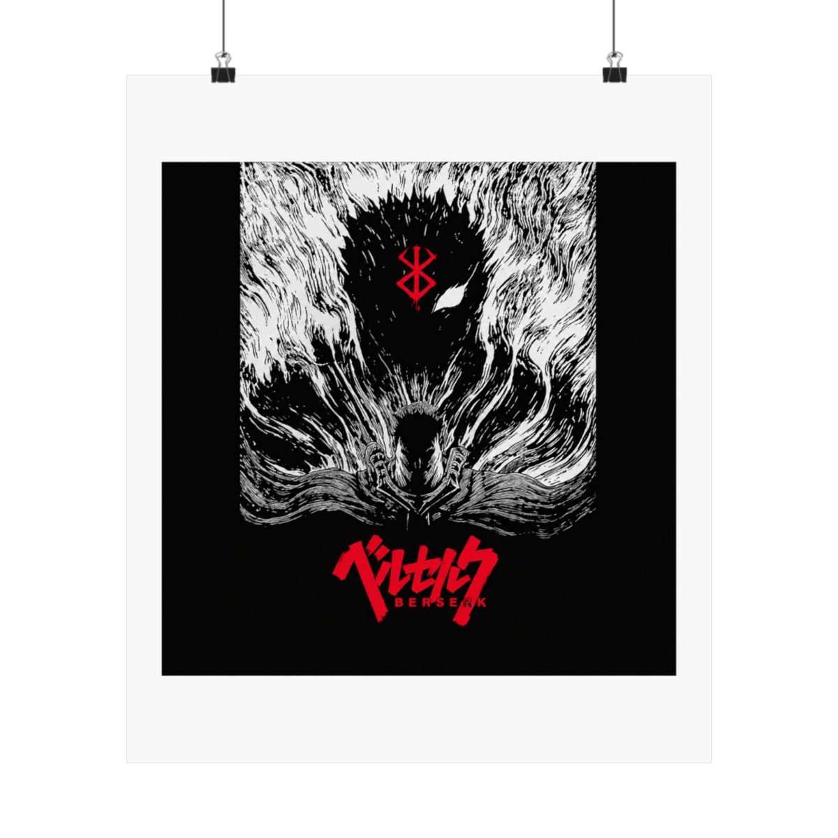 Black and white poster featuring a black and white illustration of a character from the anime Berserk. The character is surrounded by a swirling black and white pattern. The title "Berserk" is written... - alternate angle 1, merchandise