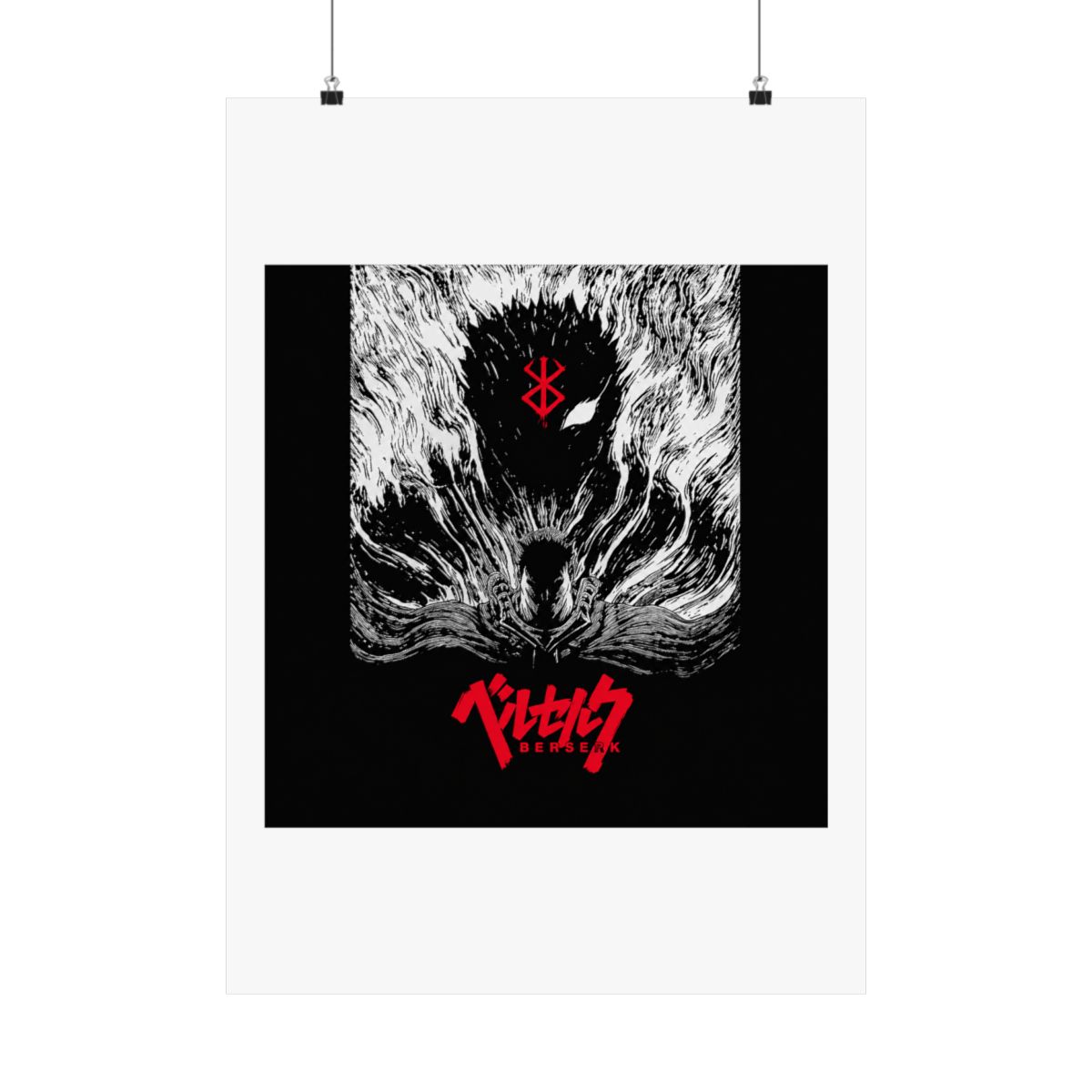 Black and white poster featuring a black and white illustration of a character from the anime Berserk. The character is surrounded by a swirling black and white pattern. The title "Berserk" is written... - alternate angle 5, merchandise