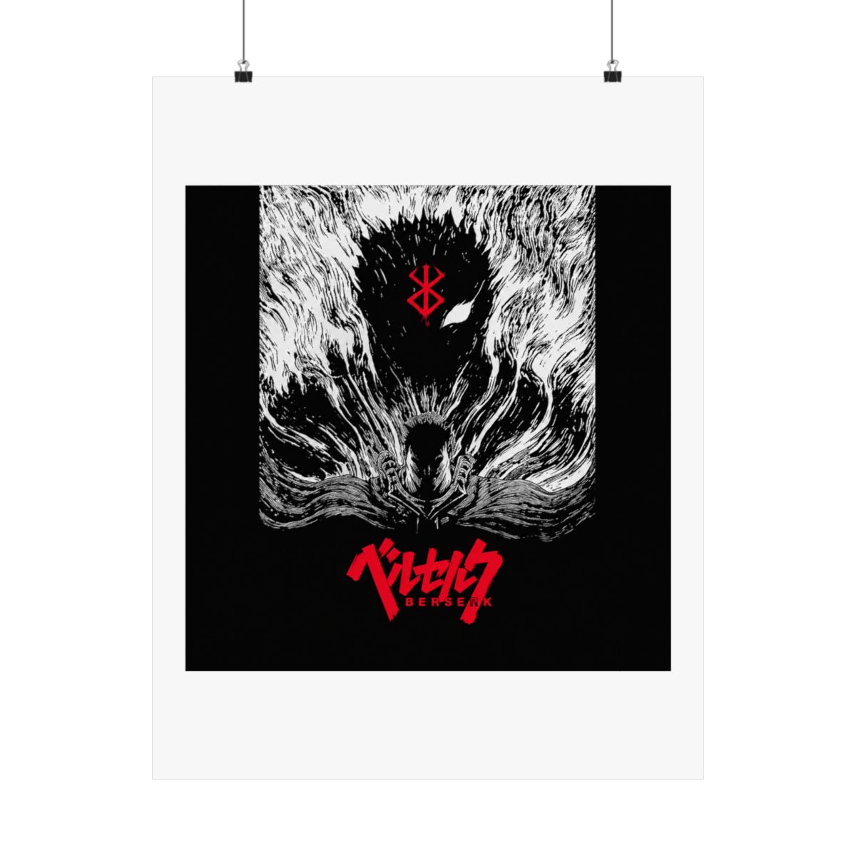 Black and white poster featuring a black and white illustration of a character from the anime Berserk. The character is surrounded by a swirling black and white pattern. The title "Berserk" is written... - alternate angle 2, merchandise