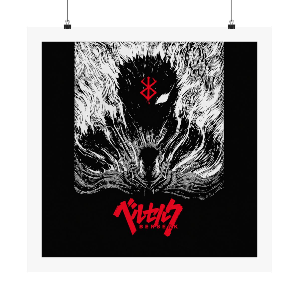 Black and white poster featuring a black and white illustration of a character from the anime Berserk. The character is surrounded by a swirling black and white pattern. The title "Berserk" is written... - Official Posters & Wall Art merchandise