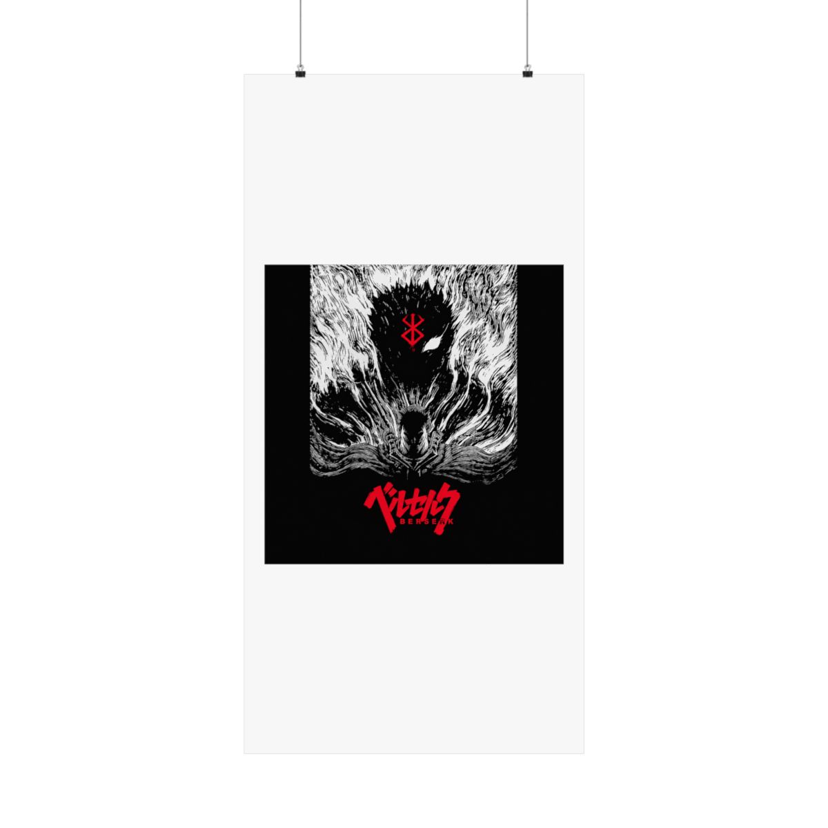 Black and white poster featuring a black and white illustration of a character from the anime Berserk. The character is surrounded by a swirling black and white pattern. The title "Berserk" is written...