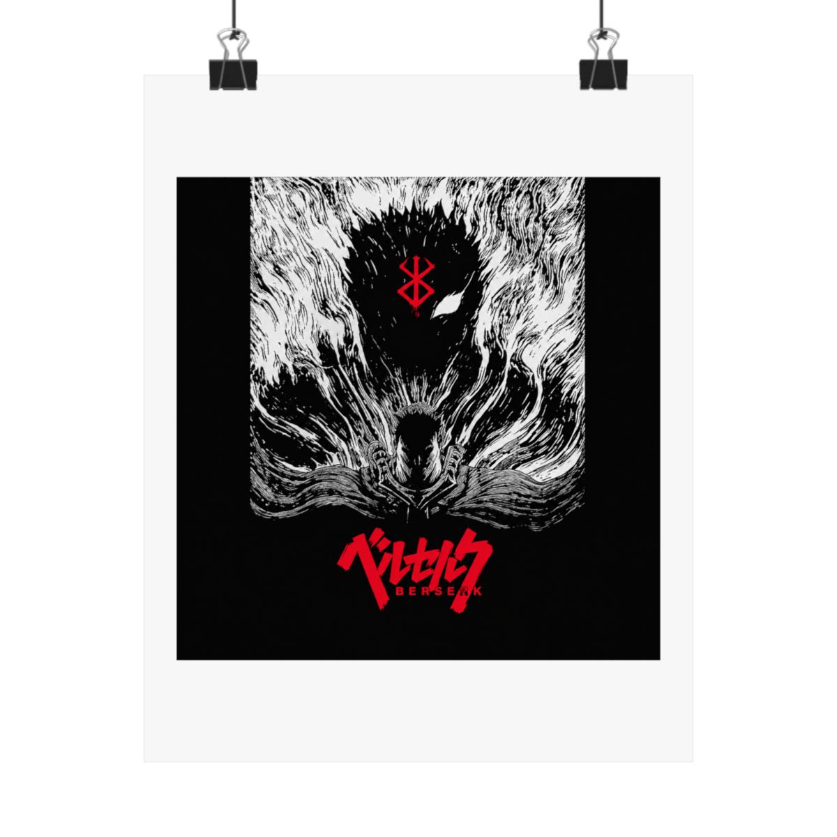 Black and white poster featuring a black and white illustration of a character from the anime Berserk. The character is surrounded by a swirling black and white pattern. The title "Berserk" is written...