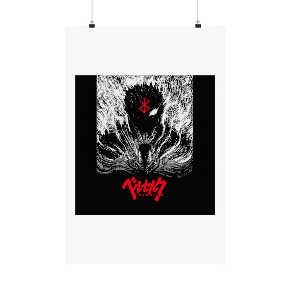 Black and white poster featuring a black and white illustration of a character from the anime Berserk. The character is surrounded by a swirling black and white pattern. The title "Berserk" is written... - alternate angle 4, merchandise