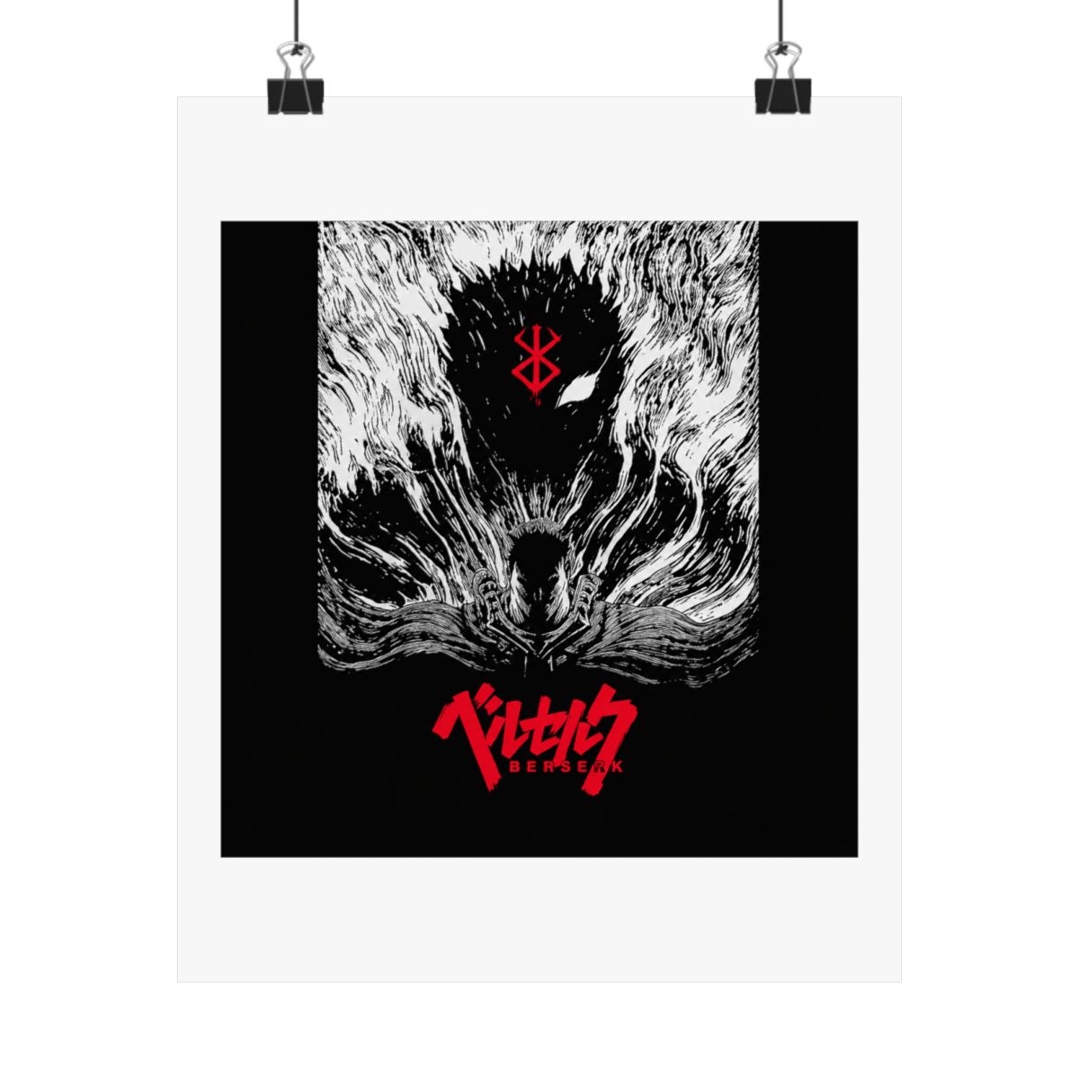 Black and white poster featuring a black and white illustration of a character from the anime Berserk. The character is surrounded by a swirling black and white pattern. The title "Berserk" is written... - alternate angle 3, merchandise