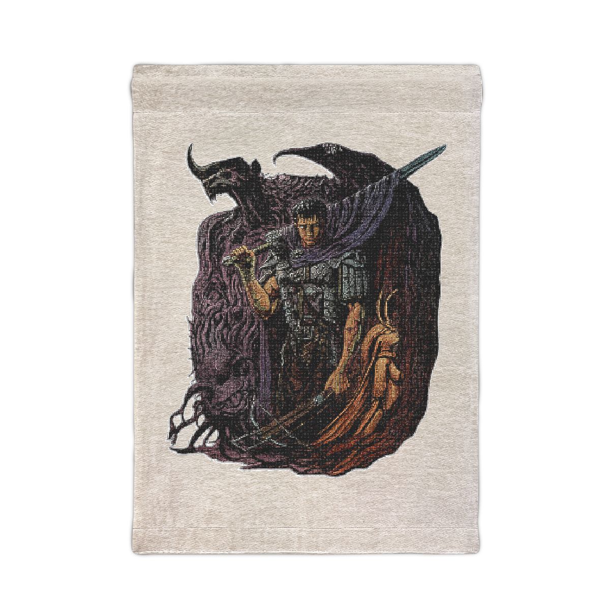 Woven tapestry Tapestries with a detailed illustration of a warrior holding a large sword, with a dark, shadowy figure in the background. The colour palette includes shades of purple, brown, and tan...
