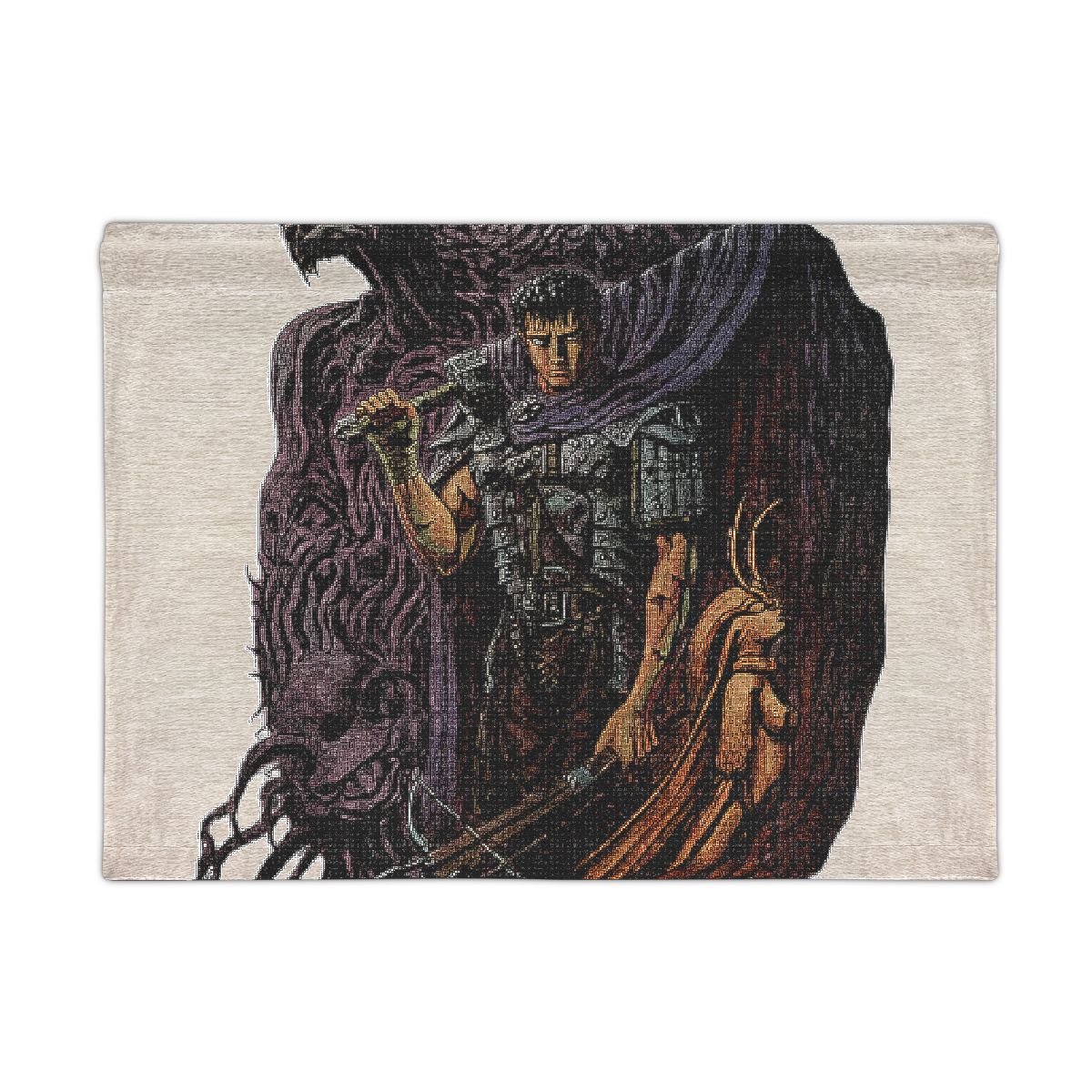 Woven tapestry Tapestries with a detailed illustration of a warrior holding a large sword, with a dark, shadowy figure in the background. The colour palette includes shades of purple, brown, and tan... - alternate angle 1, merchandise