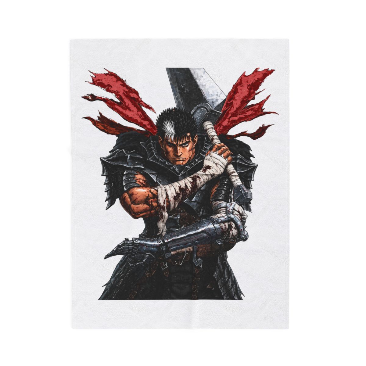 A woven throw blanket with a detailed illustration of a warrior with a large sword. The artwork is in shades of black, grey, red, and brown, with fringed edges. The warrior is depicted in armour,...