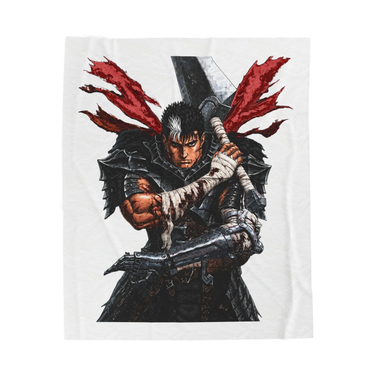 A woven throw blanket with a detailed illustration of a warrior with a large sword. The artwork is in shades of black, grey, red, and brown, with fringed edges. The warrior is depicted in armour,... - alternate angle 2, merchandise