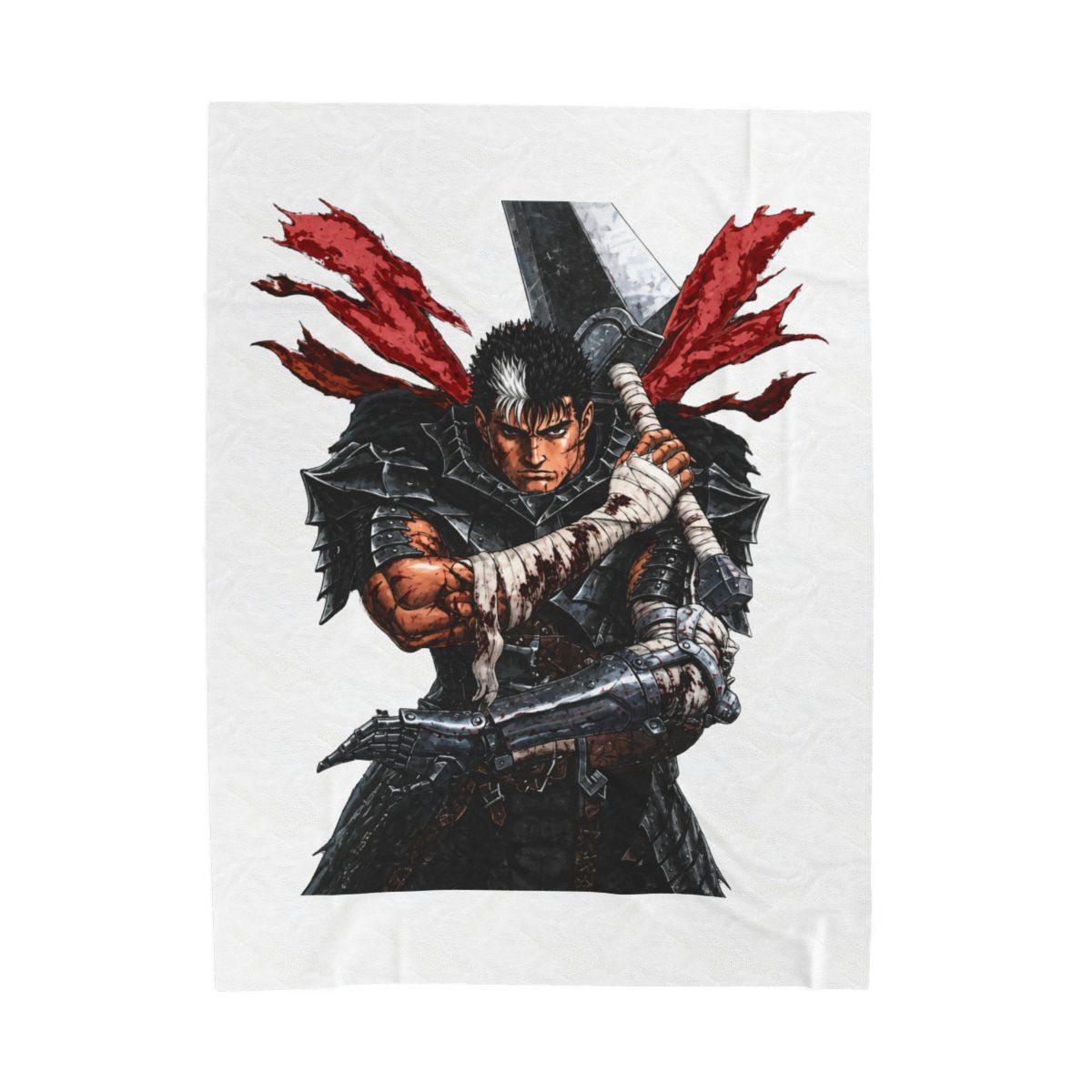 A woven throw blanket with a detailed illustration of a warrior with a large sword. The artwork is in shades of black, grey, red, and brown, with fringed edges. The warrior is depicted in armour,... - alternate angle 3, merchandise